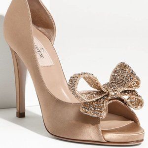 VALENTINO Couture Crystal Bow Satin Beige Heels